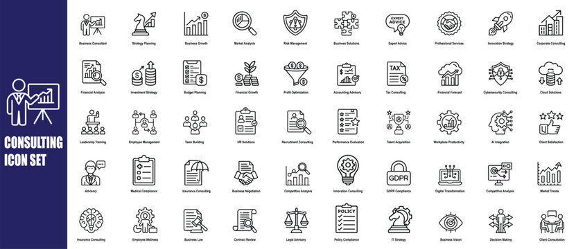 Consulting Icon Set. Business, Strategy, Finance, Marketing, IT, HR, Legal, and Advisory Icons for Corporate and Professional Services. Consulting Vector Outline Icon Set.
