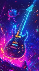 Fototapeta premium A vibrant electric guitar and robot in bright colorful neon lights