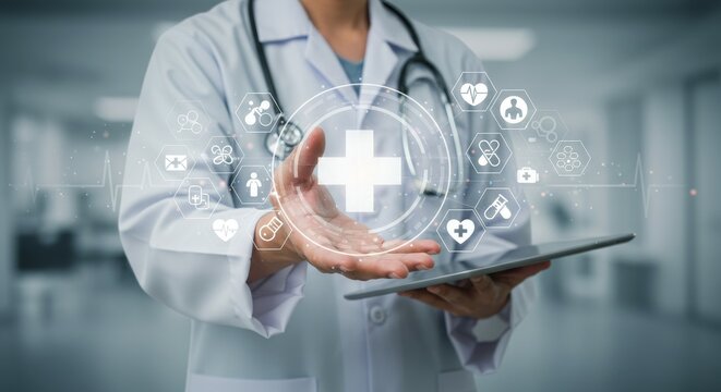A healthcare professional holds a tablet with digital health icons floating above.