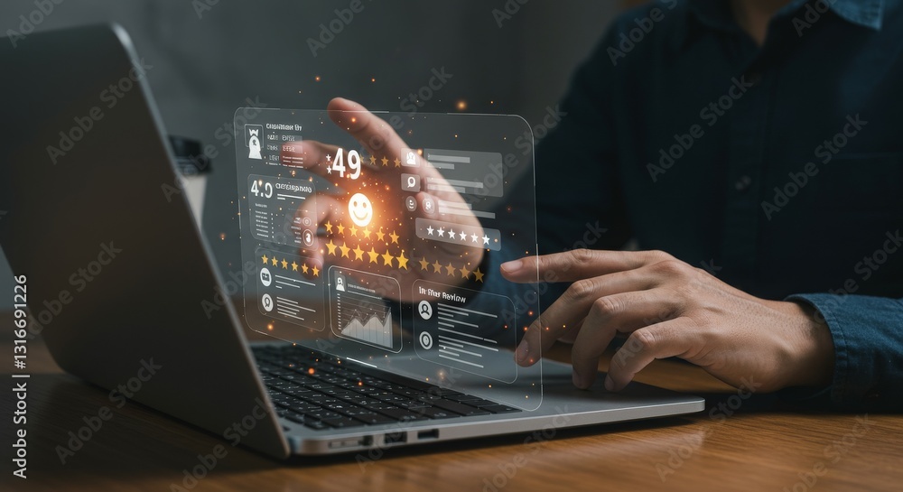 Poster a person interacting with a holographic interface above a laptop, showcasing data and analytics.