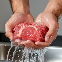 Fototapeta premium Kosher food preparation, Hands washing fresh raw meat under running water in a kitchen sink.