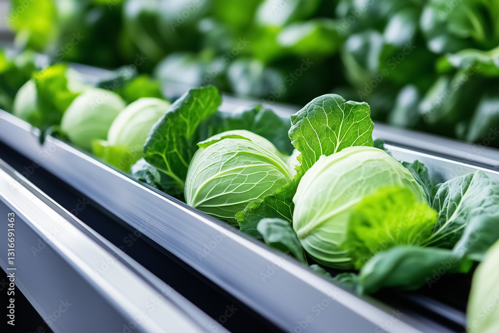 Poster cabbages move steadily along a conveyor belt, showcasing an automated loading system. this process h