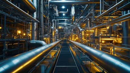 Obraz premium Futuristic industrial factory interior with metal pipes, yellow lights, and symmetrical high-tech machinery background.