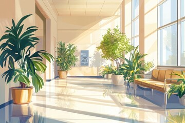 Fototapeta premium An interior hallway with natural lighting and potted green plants