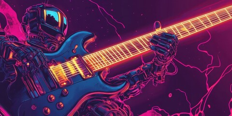 A futuristic robot plays an electric guitar with glowing strings