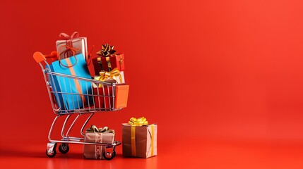A shopping cart overflowing with gifts against a red background.