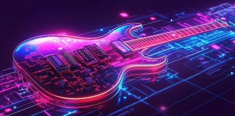 An illuminated electric guitar design over a digital circuit board