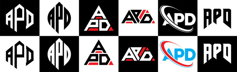 APD letter logo design in six style. APD polygon, circle, triangle, hexagon, flat and simple style with black and white color variation letter logo set in one artboard. APD minimalist and classic logo