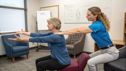 A woman assists another in performing a seated exercise, promoting physical wellness and posture improvement in a therapeutic setting.