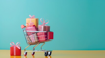 Red shopping cart full of gift boxes on a brown background.