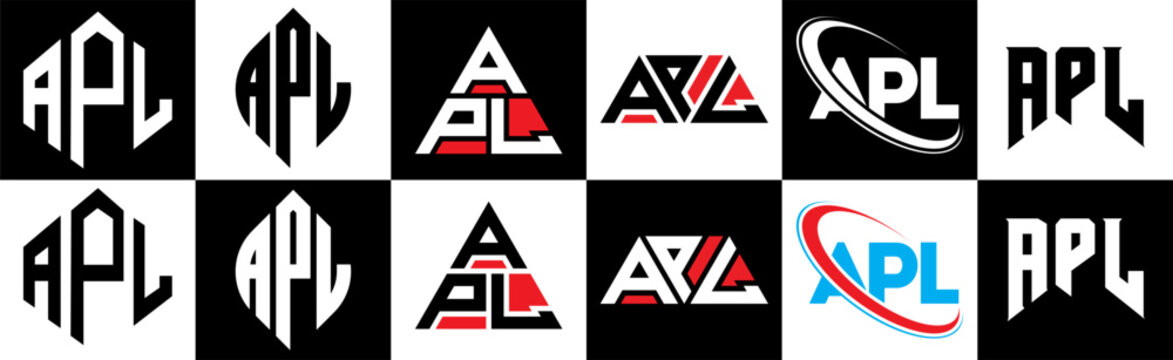 APL letter logo design in six style. APL polygon, circle, triangle, hexagon, flat and simple style with black and white color variation letter logo set in one artboard. APL minimalist and classic logo
