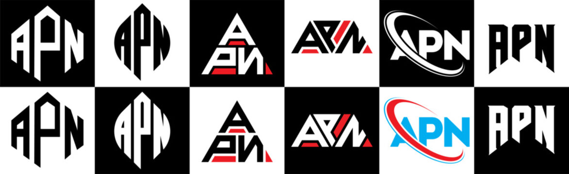 APN letter logo design in six style. APN polygon, circle, triangle, hexagon, flat and simple style with black and white color variation letter logo set in one artboard. APN minimalist and classic logo