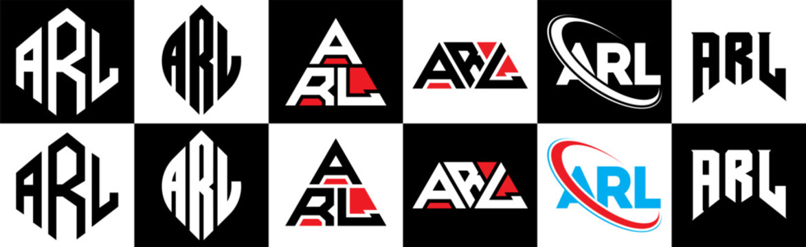 ARL letter logo design in six style. ARL polygon, circle, triangle, hexagon, flat and simple style with black and white color variation letter logo set in one artboard. ARL minimalist and classic logo