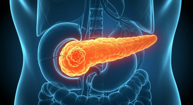 3D illustration of the human pancreas with surrounding organs highlighted.