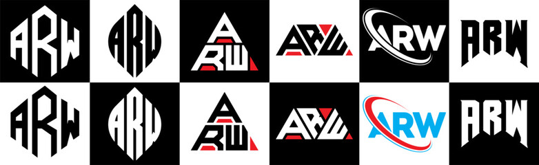 ARW letter logo design in six style. ARW polygon, circle, triangle, hexagon, flat and simple style with black and white color variation letter logo set in one artboard. ARW minimalist and classic logo