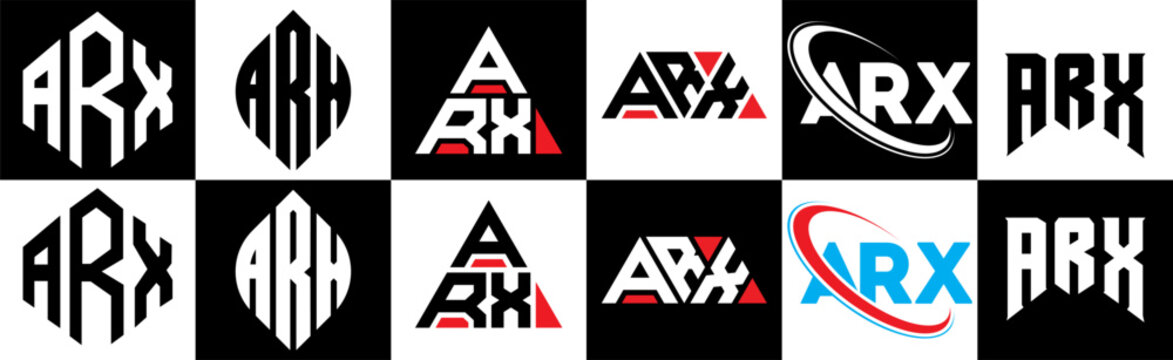 ARX letter logo design in six style. ARX polygon, circle, triangle, hexagon, flat and simple style with black and white color variation letter logo set in one artboard. ARX minimalist and classic logo