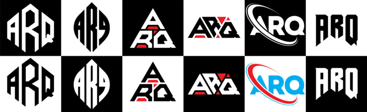 ARQ letter logo design in six style. ARQ polygon, circle, triangle, hexagon, flat and simple style with black and white color variation letter logo set in one artboard. ARQ minimalist and classic logo