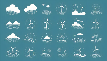 Whimsical Collection of Wind Turbine and Nature Illustrations