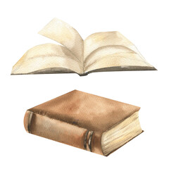 Book in brown cover and opened book watercolor illustration.Hand drawn isolated books for studying and reading clipart for poster, back to school card,invitation design