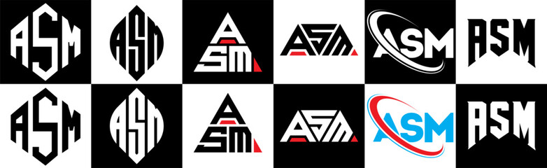 ASM letter logo design in six style. ASM polygon, circle, triangle, hexagon, flat and simple style with black and white color variation letter logo set in one artboard. ASM minimalist and classic logo