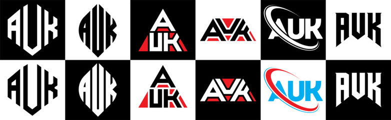Obraz premium AUK letter logo design in six style. AUK polygon, circle, triangle, hexagon, flat and simple style with black and white color variation letter logo set in one artboard. AUK minimalist and classic logo