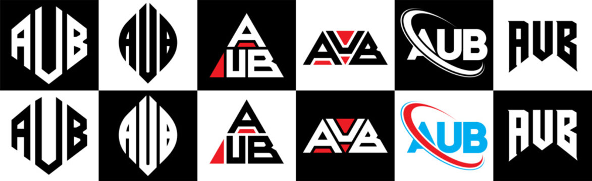AUB letter logo design in six style. AUB polygon, circle, triangle, hexagon, flat and simple style with black and white color variation letter logo set in one artboard. AUB minimalist and classic logo