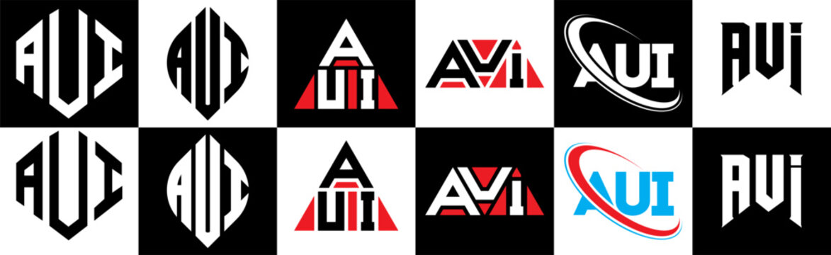 AUI letter logo design in six style. AUI polygon, circle, triangle, hexagon, flat and simple style with black and white color variation letter logo set in one artboard. AUI minimalist and classic logo