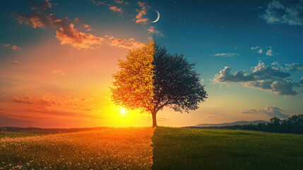Spring equinox concept with sun and moon meeting on a divided landscape. Symbolizing day and night balance, seasonal change,nature’s renewal. Celebration of the arrival of spring. Banner. Copy space