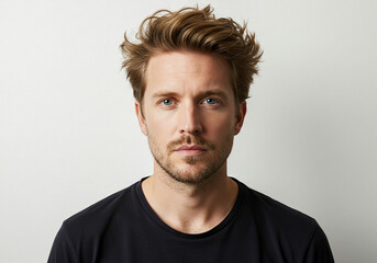 Obraz premium A young man with tousled blond hair, blue eyes, and light stubble, wearing a black t-shirt. He has a calm and confident expression against a plain white background.