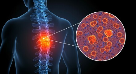 Illustration of the human spine with a focus on the spinal area and blood cells.