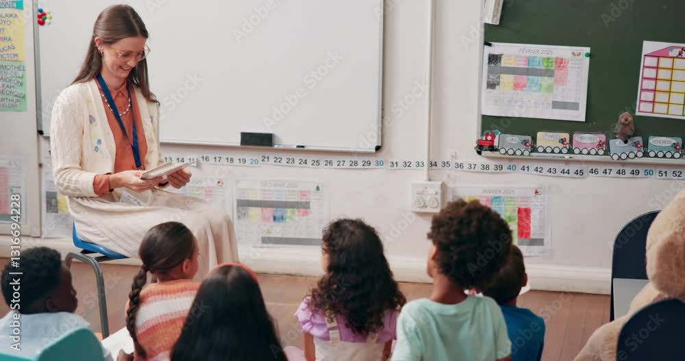 Poster teacher, students and education on floor in classroom for learning, question and answer of lesson. k