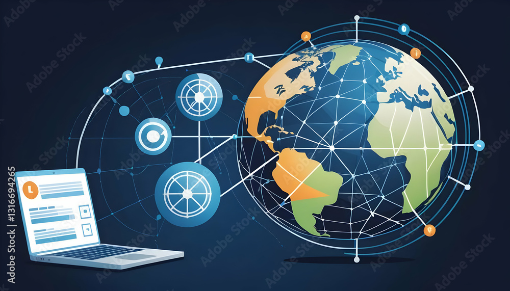 Aufkleber global connectivity concept with laptop and network graphics visualization