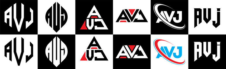 AVJ letter logo design in six style. AVJ polygon, circle, triangle, hexagon, flat and simple style with black and white color variation letter logo set in one artboard. AVJ minimalist and classic logo