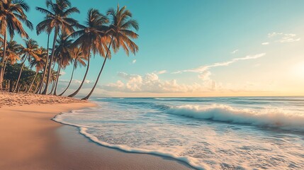 Fototapeta premium Tropical Paradise: Palm Trees, Golden Sand, and Turquoise Ocean Waves at Sunrise - Ideal Beach Vacation Destination.