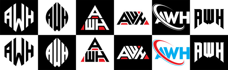 AWH letter logo design in six style. AWH polygon, circle, triangle, hexagon, flat and simple style with black and white color variation letter logo set in one artboard. AWH minimalist and classic logo