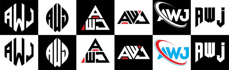 AWJ letter logo design in six style. AWJ polygon, circle, triangle, hexagon, flat and simple style with black and white color variation letter logo set in one artboard. AWJ minimalist and classic logo