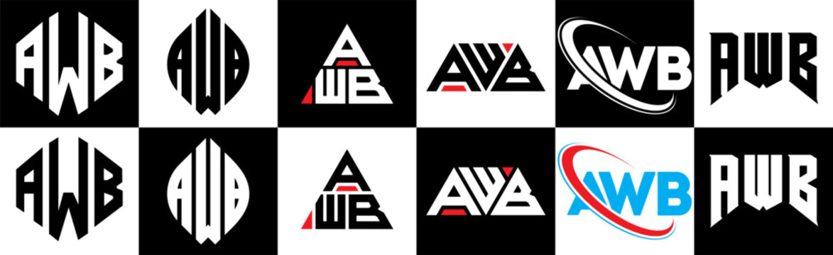 AWB letter logo design in six style. AWB polygon, circle, triangle, hexagon, flat and simple style with black and white color variation letter logo set in one artboard. AWB minimalist and classic logo
