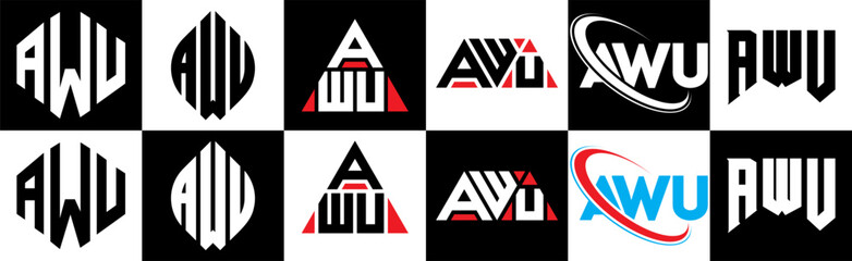 AWU letter logo design in six style. AWU polygon, circle, triangle, hexagon, flat and simple style with black and white color variation letter logo set in one artboard. AWU minimalist and classic logo