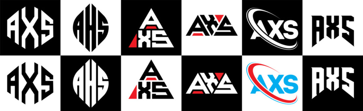 AXS letter logo design in six style. AXS polygon, circle, triangle, hexagon, flat and simple style with black and white color variation letter logo set in one artboard. AXS minimalist and classic logo