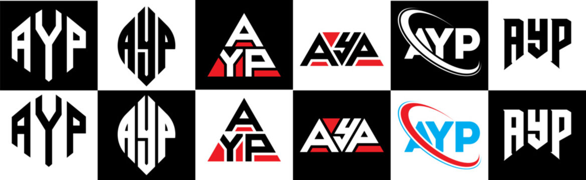 AYP letter logo design in six style. AYP polygon, circle, triangle, hexagon, flat and simple style with black and white color variation letter logo set in one artboard. AYP minimalist and classic logo