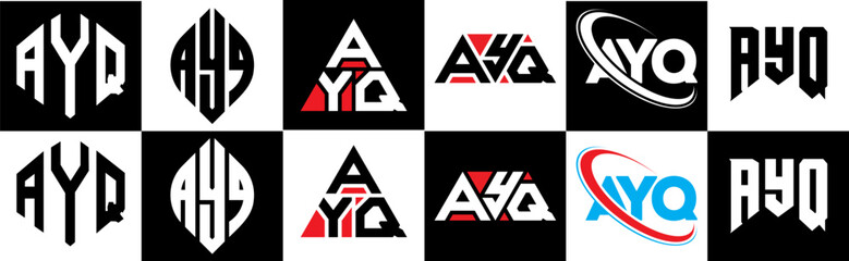 AYQ letter logo design in six style. AYQ polygon, circle, triangle, hexagon, flat and simple style with black and white color variation letter logo set in one artboard. AYQ minimalist and classic logo