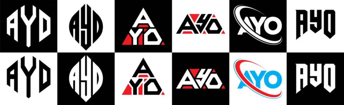 AYO letter logo design in six style. AYO polygon, circle, triangle, hexagon, flat and simple style with black and white color variation letter logo set in one artboard. AYO minimalist and classic logo