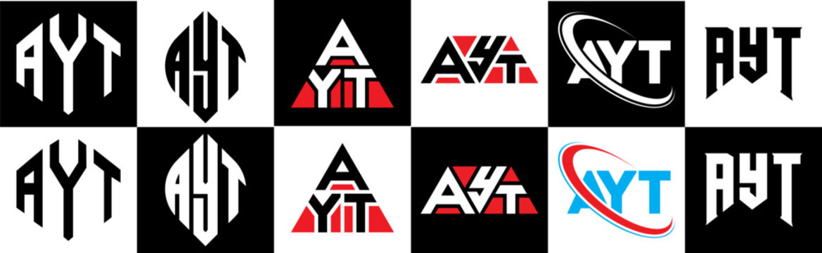 AYT letter logo design in six style. AYT polygon, circle, triangle, hexagon, flat and simple style with black and white color variation letter logo set in one artboard. AYT minimalist and classic logo