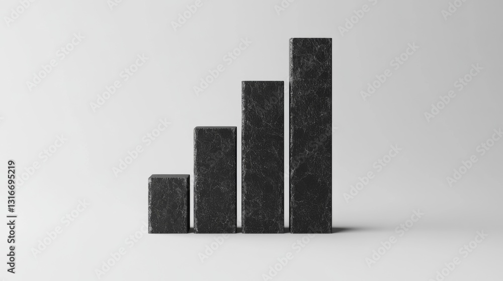Poster D bar graph with a rough stone texture on each bar, contrasting against a polished surface, symbolizing resilience in data trends and statistics.