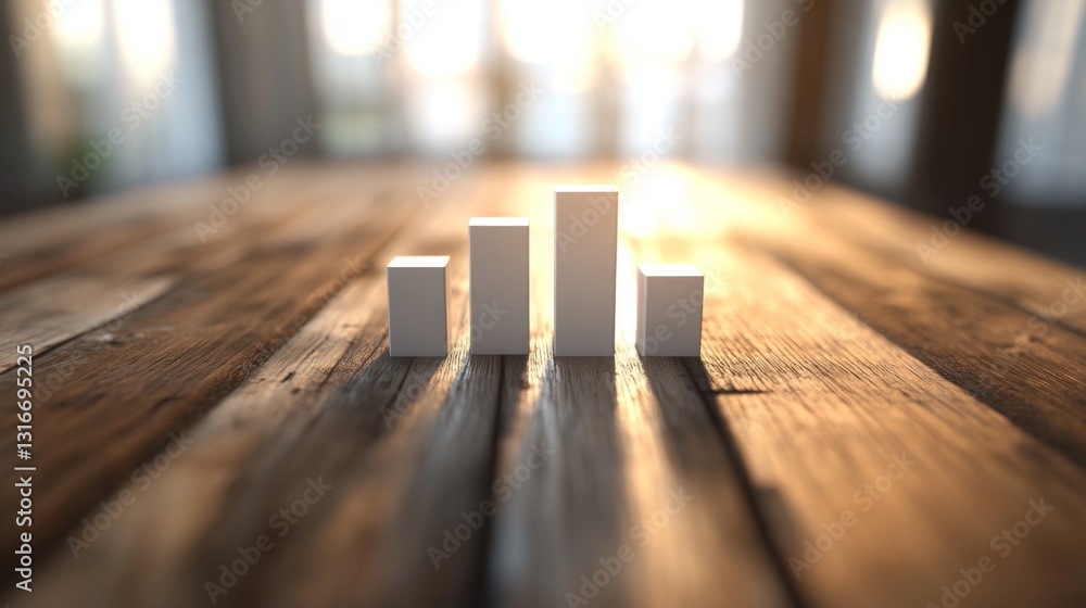 Poster D vertical bar graph with textured surfaces reflecting light, arranged on a wooden table, evoking a sense of depth and realism in data visualization.