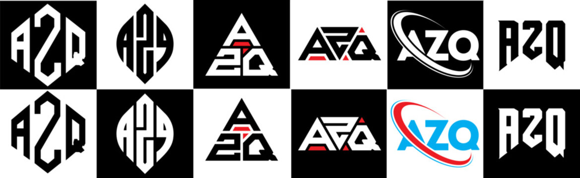 AZQ letter logo design in six style. AZQ polygon, circle, triangle, hexagon, flat and simple style with black and white color variation letter logo set in one artboard. AZQ minimalist and classic logo