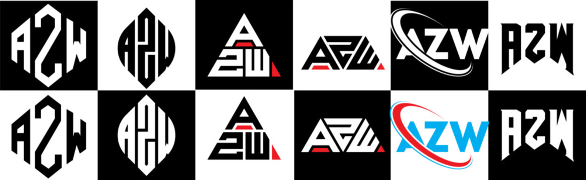AZW letter logo design in six style. AZW polygon, circle, triangle, hexagon, flat and simple style with black and white color variation letter logo set in one artboard. AZW minimalist and classic logo