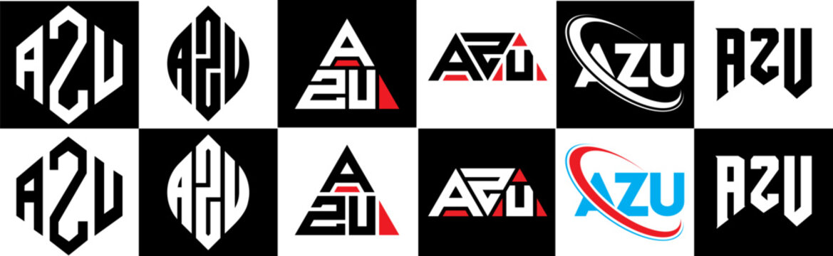 AZU letter logo design in six style. AZU polygon, circle, triangle, hexagon, flat and simple style with black and white color variation letter logo set in one artboard. AZU minimalist and classic logo