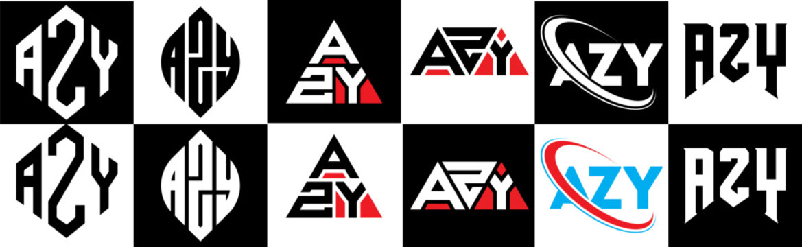 AZY letter logo design in six style. AZY polygon, circle, triangle, hexagon, flat and simple style with black and white color variation letter logo set in one artboard. AZY minimalist and classic logo