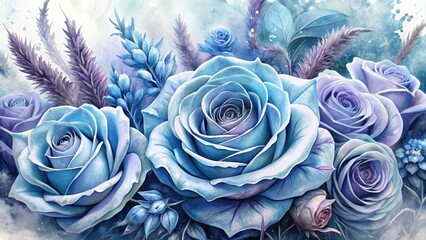 Soft Blue and Lavender Roses with Ice Accents and Floral Elements